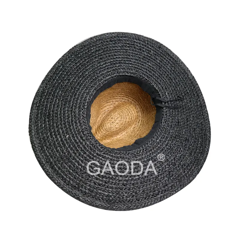 Chapéu de palha de papel de aba larga preto com palha de ráfia personalizada V