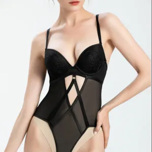Women Sexy Push Up Bodysuits with Built in Bra Slim Fit Shapewear Lingerie Sheer Mesh Hollow Out Corset Body Suits