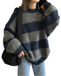 Maglione Oversize a Righe Contrastanti da Donna, Pullover Lavorato a Maglia Ampio, Maglione <span class=keywords><strong>Chunky</strong></span> a Blocchi di Colore, Top in Maglia Grossa - Product Image 1