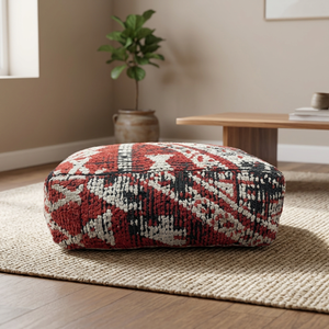 Pouf rectangulaire moderne fait main, motif géométrique abstrait rouge, tissu en coton, coussin de sol mobile, décoration de salle de bain, MA Mother's - Product Image 1