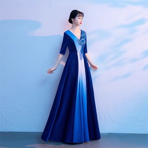 Women's Long Evening Gown V-Neck Empire Waist Blue Red 3D Pattern Choir Performance Host Attire Coming Of Age Ceremony Dress - Product Image 2