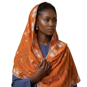 Pañuelo largo de chifón naranja para mujer al por mayor con bordado floral y pedrería, transpirable, elegante, para uso diario, OEM - Product Image 1