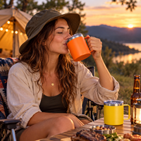 Vente en gros de tasses à café et à bière en acier inoxydable à double paroi isolées sous vide avec logo personnalisé, 12 et 14 oz, avec poignée et couvercle, pour les voyages et le camping