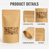 Sachet Doypack Autoportant Refermable en Papier Kraft Brun de Qualité Alimentaire avec Fenêtre, Design Populaire, pour Café, Grains, Noix, Sel