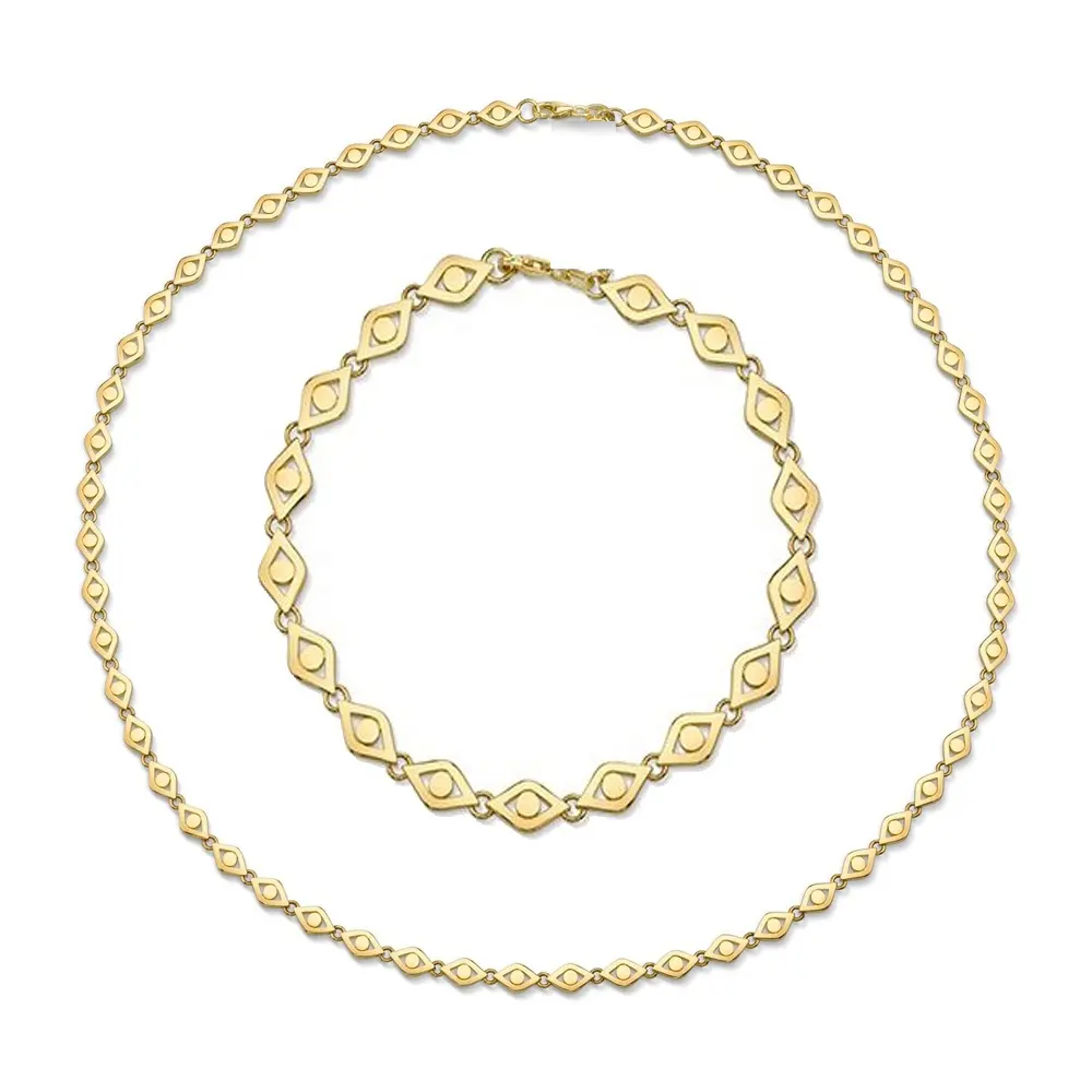 18k gold plated high polished plain evil eye charm link chain bracelet necklace turkish jewelry set