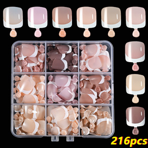 216 pièces/lot, <span class=keywords><strong>faux</strong></span> ongles carrés courts à bord <span class=keywords><strong>blanc</strong></span> français, 9 couleurs mélangées, style rétro simple, pour pédicure et manucure - Product Image 3