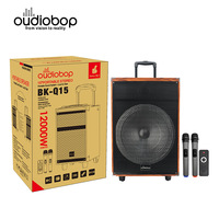 Altavoz Karaoke de Madera de 15 Pulgadas para Exteriores con Dos Micrófonos Inalámbricos, Pantalla LED, FM, USB/TF, TWS, Función Fiesta, Anti-Caídas