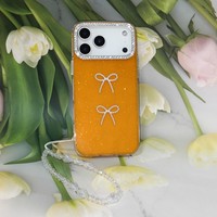 Coque de téléphone mignonne avec nœud et paillettes, cadre d'appareil photo en strass, bracelet perlé, protection pour iPhone 17 Pro Max Samsung Redmi