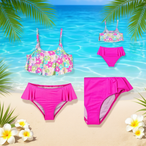 Costume da bagno Buonic per ragazze, set bikini floreale, motivo rosa, 4/6 6/8 8/10 10/12 - Product Image 2
