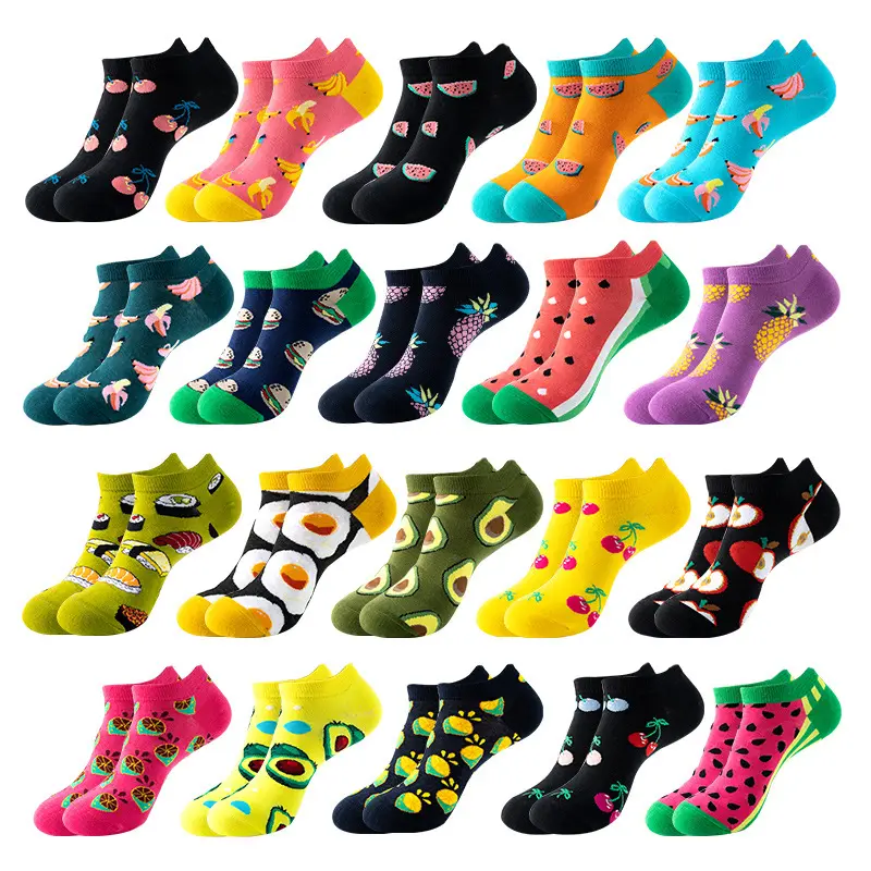 Hot selling wholesale spring fashion short men cotton socks fruit sushi pattern women low cut ankle socks