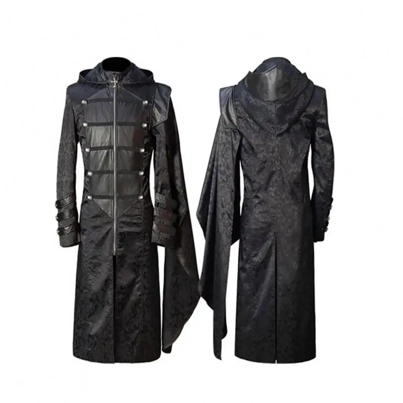 Adult Black Halloween Medieval Steampunk Elves Pirate Costume Vintage Long Jacket Gothic Armor Leather Coats