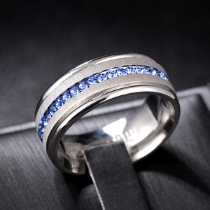 <b>Titanium</b> Steel Wedding Band Engagement <b>Ring</b> W/Blue Simulated Sapphire Cubic Zirconia Princess CZ <b>Ring</b> for <b>Men</b> and Women - Product Image 2