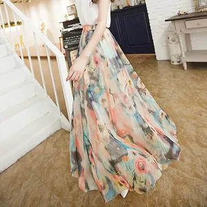 Elegant summer Bohemia women Chiffon Skirt ladies A-line multi colored Large floral Print lady pendulum fairy skirt Elegant