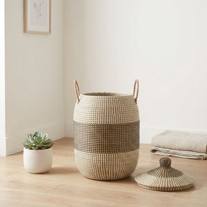 Panier à linge en jacinthe d'eau tissé à la main, design personnalisé, avec couvercle et poignées tressées, qualité export, durable - Product Image 3