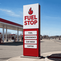 Panneau de signalisation de station-service avec logo flamme et annuaire des services pour zone de service routière