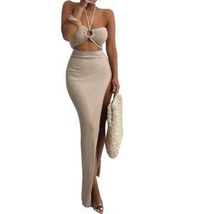 Nouvelle Robe Longue Décontractée Moulante en Coton Côtelé Beige à Dos Nu pour Femme - Product Image 1