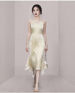 2023 estate nuove donne cinturino con frange vestito Sexy avvolgere la vita mostra vestito lungo francese sottile - Product Image 4