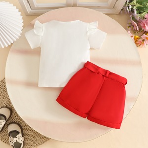 Ensemble trois pièces pour bébé <span class=keywords><strong>fille</strong></span> de 0 à 3 <span class=keywords><strong>ans</strong></span>, style estival décontracté et tendance, motif floral, écologique, haut à manches courtes, <span class=keywords><strong>ceinture</strong></span> en tissu, short - Product Image 6