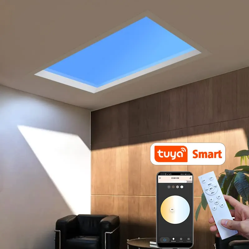 Luz solar artificial LED Tragaluz Ventilador de escape circadiano Cielo azul Luz de panel de techo para el hogar inteligente con Maestro de baño