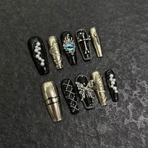 Nuevo Producto Lanzado, Exclusivas Uñas Postizas de Gelatina Plateada con Diseño de Ojo Turco Oscuro, Color Negro Dorado, Hechas a Mano - Product Image 1