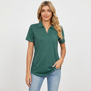 T-shirt décontracté pour femme à col en V et manches courtes, couleur unie, respirant, imprimé floqué, en jersey tricoté 100 % polyester 220g, coupe classique - Product Image 4