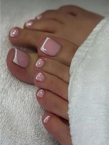 24 <span class=keywords><strong>faux</strong></span> <span class=keywords><strong>ongles</strong></span> de pieds carrés courts brillants à presser, style French, blancs, <span class=keywords><strong>en</strong></span> acrylique, couleur nude rose, couvrance totale pour femmes - Product Image 2