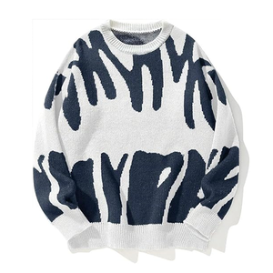 <strong>Men's</strong> Black <strong>White</strong> Abstract Graphic Jacquard Knit Sweater Crew Neck Long Sleeve Oversized Loose Streetwear Pullover <strong>Jumper</strong> - Product Image 1