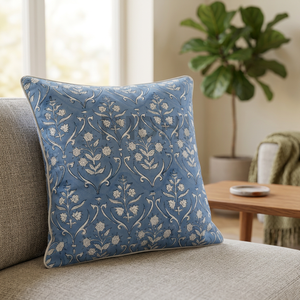 Trending New 2025 Cornflower Floral Vintage Hand Block Printed Blue 100% Cotton Envelope Closure Removable Washable Cushion - Product Image 3