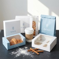 Coffret petit-déjeuner matinal à emporter : Boîte à pâtisserie bleu clair avec fenêtre, pochette à pain scellée et tasse à café isotherme avec sac de transport