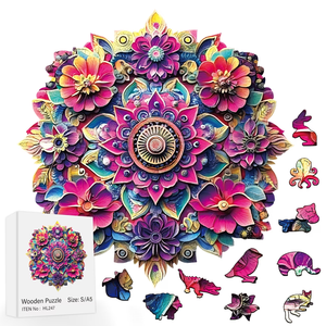 Puzzle en bois <span class=keywords><strong>Mandala</strong></span> Fleur pour adultes, pièces irrégulières uniques en forme d'animaux, découpe laser, <span class=keywords><strong>jeu</strong></span> de puzzle en bois en relief DIY - Product Image 1