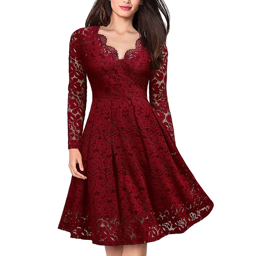 Spring Europe Women V-neck Lace Floral Elegant Casual Dress Lining Long Sleeve Fashion Lady Women Irregular A-line Party Dress