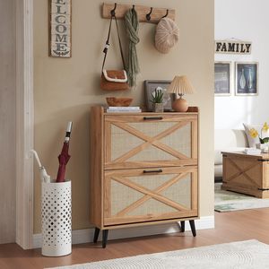Meuble de rangement à chaussures fin en bois, autoportant, étroit et dissimulé, en bois et rotin, pour l'affichage des chaussures - Product Image 1
