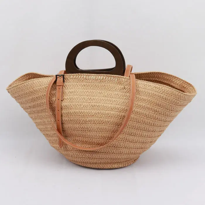 Factory customized machine woven paper straw bag women's shoulder portable beach bag wooden handle leisure vacation tote bag