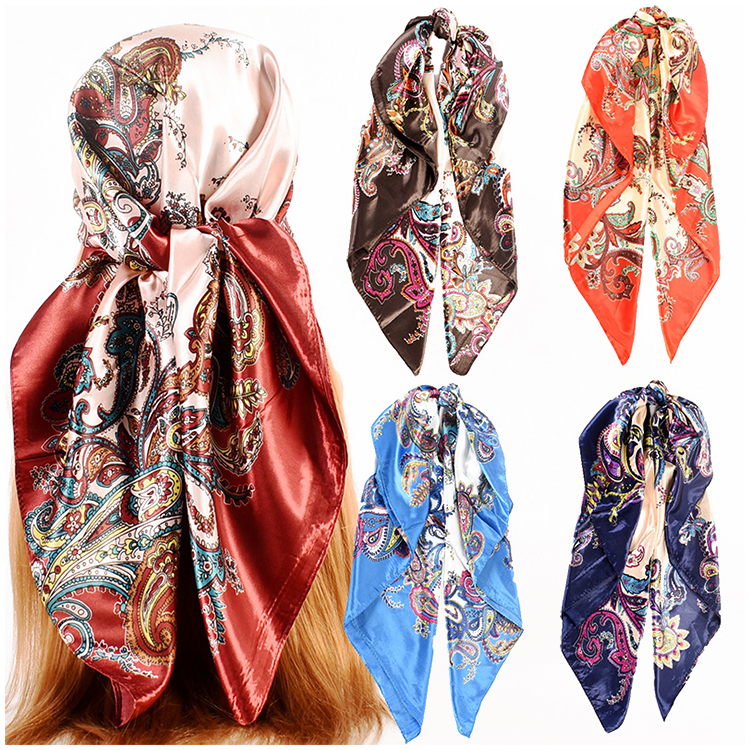 Fashion New Custom LOGO Satin Bandana Scarf Women Vintage Silk Paisley Print Scarfs