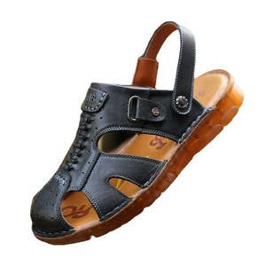 Sandales d'été pour hommes, chaussures décontractées plates à bout ouvert en cuir véritable, semelle Oxford respirante, chaussures de plage pour hommes - Product Image 1