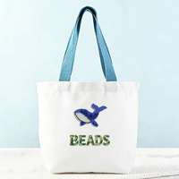 Sac fourre-tout en toile personnalisable avec poignées, motif brodé de perles animaux marins, initiales en option, couleur unie, taille moyenne