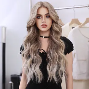 Ombre Platinum Blonde Lace Front Wig Long Wavy Synthetic Wig Middle Part Hair Wig for Women 28 Inch 13x4 HD Transparent Lace
