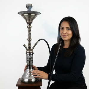 Cachimba Egipcia Auténtica Khalil Mamoon de 81 cm con Acabado Plateado, Núcleo de Latón Sólido y Bandeja Ancha - Product Image 3