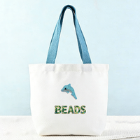 Sac fourre-tout en toile personnalisable avec poignées, motif brodé de perles animaux marins, initiales en option, couleur unie, taille moyenne