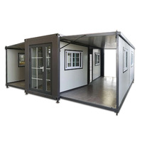 Casa Contenedor Prefabricada Expandible de Doble Ala con Estructura de Acero Oscuro, Casa Modular Móvil con Baño Preinstalado para Villa Vacacional