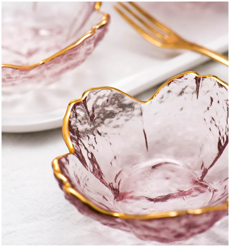 Incrustation dorée en forme de fleur artisanale rose, assiette de fruits décoratifs pour crème glacée, Mini bol en verre