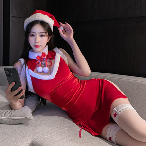 Conjunto de Camisón Navideño Sexy para Mujer, Atuendo Navideño con Cordones, Camisón con Capucha y Abertura Lateral, Conjunto de Alta Gama - Product Image 1