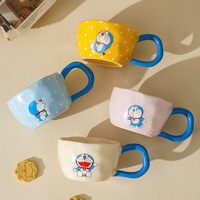 Mug en céramique Doraemon avec grande poignée, tasse à café irrégulière à pois, tasse à lait mignonne de dessin animé pour le petit-déjeuner