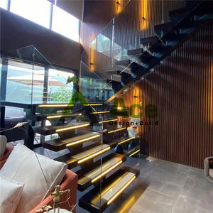 Escalera moderna de lujo que vuela, escalera recta flotante iluminada, escalera interior de peldaño de madera - Product Image 6