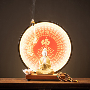 Brûleur d'encens à refoulement en céramique en forme de Guanyin Bodhisattva avec anneau lumineux LED pour micro-paysage de bureau décoratif et bois de <span class=keywords><strong>santal</strong></span> aromatique - Product Image 1