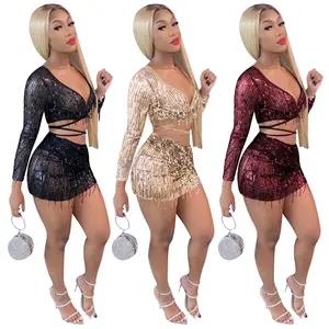 Sexy Club Dragen Tweedelige Set Vrouwen Outfits Zomer Mesh See Through Kwastje Crop Top En Mini Rok Set