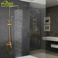 Colonne de douche tendance Aurum à levier unique avec rail réglable, pommeau de douche rond, bras de douche en L, kit de douche doré brillant