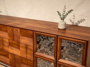 Midcentury Modern Solid Wood <b>Sideboard</b> Cabinet with Textured Glass Panels and Metal Base for Living Room <b>Storage</b> - Product Image 2