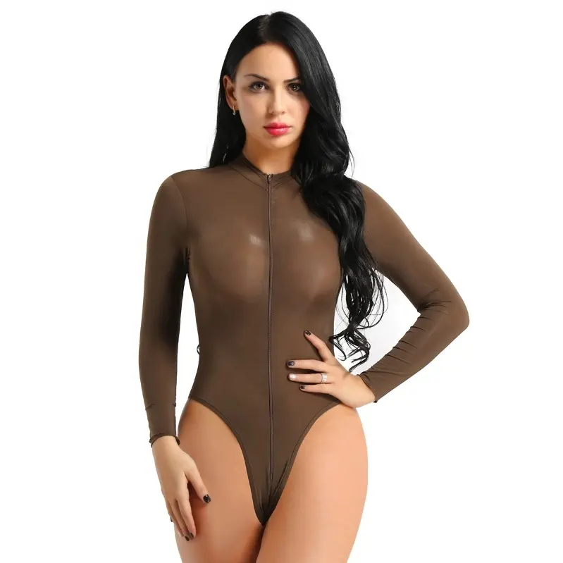 2021 Women black bodysuit long sleeve See Through Mesh Zipper Sexy Lingerie High Cut Thong Bodysuit