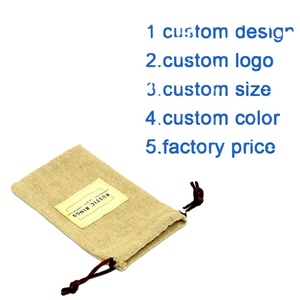 Pochette en coton naturel recyclé, lin et jute pour cadeau, petit sac à cordon pour bijoux avec patch logo - Product Image 4